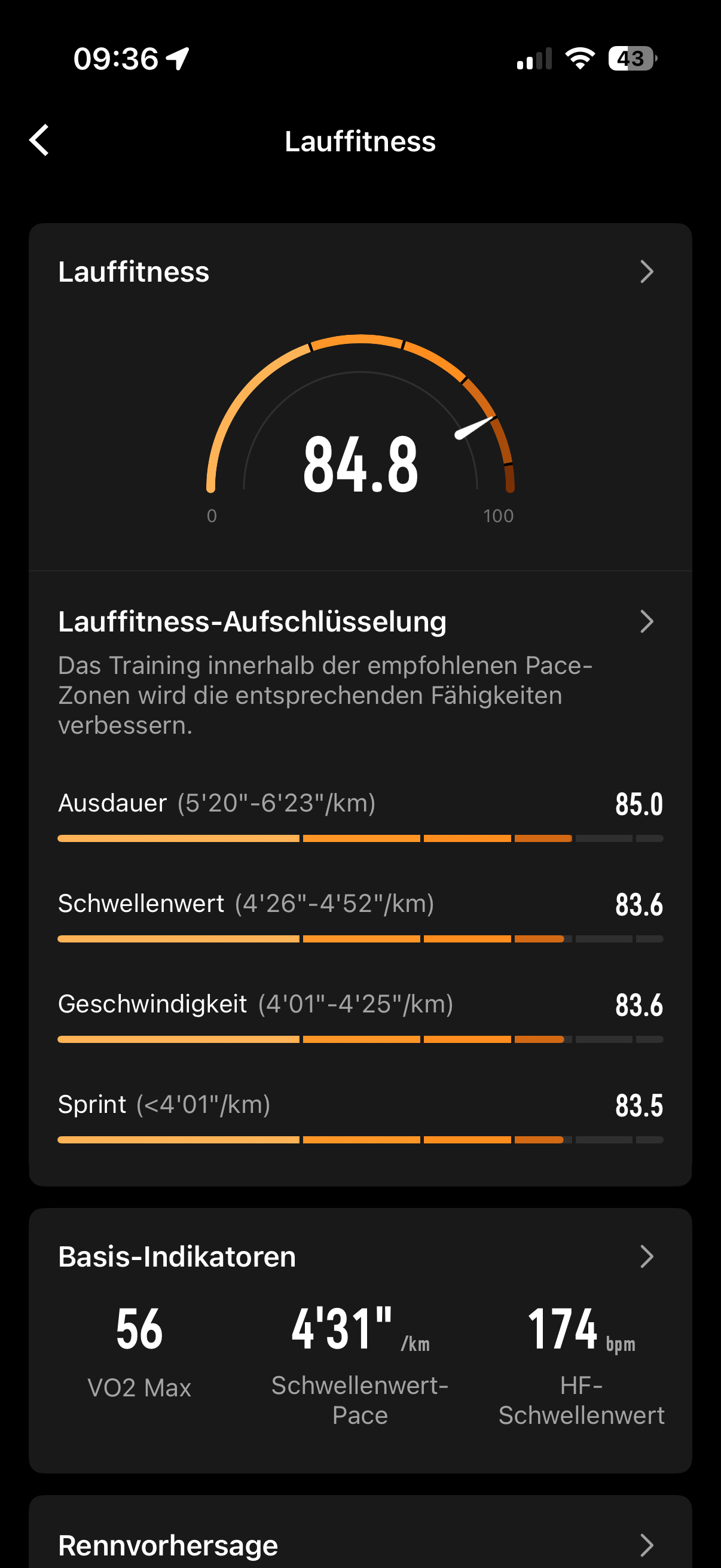 Running Fitness breakdown from my Coros watch, showing an overall score of 84.8 with VO2 Max of 56.