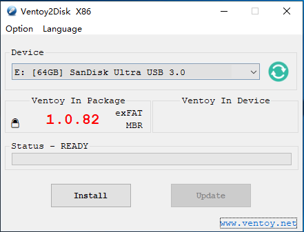 The Ventoy2Disk installer wizard where you select the target USB drive and install Ventoy to it.